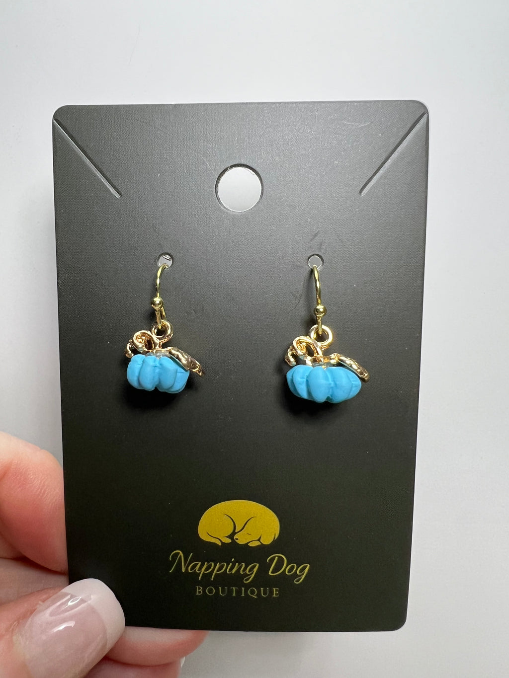 Blue Ceramic Pumpkin Dangle Earrings – Gold-Tone Fall Earrings