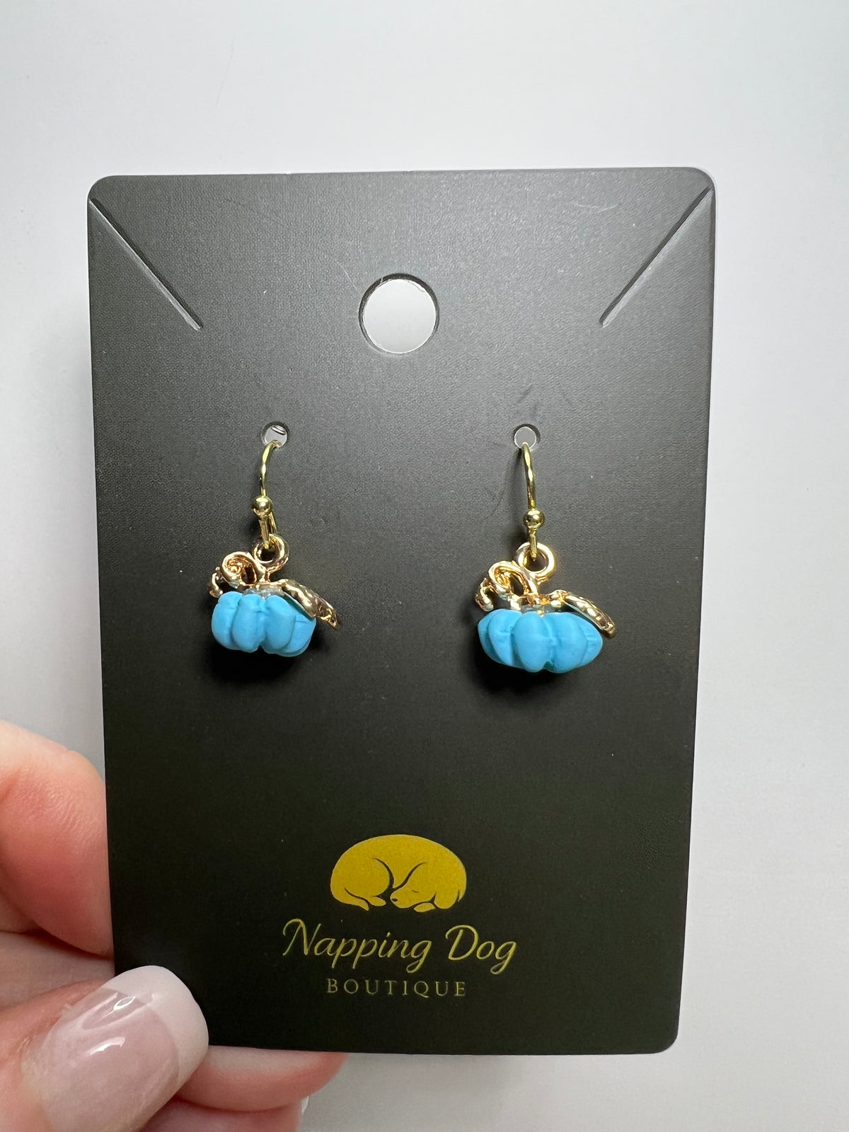 Blue Ceramic Pumpkin Dangle Earrings – Gold-Tone Fall Earrings