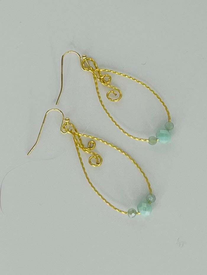 Hand Twisted and Shaped Gold Tone Teardrop Hoop Earrings with Turquoise Glass Beads