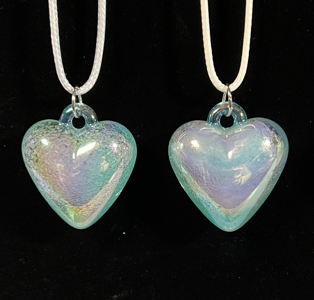 Iridescent Glass Heart Pendant Necklace – 20” Rope Cord – Choice of One