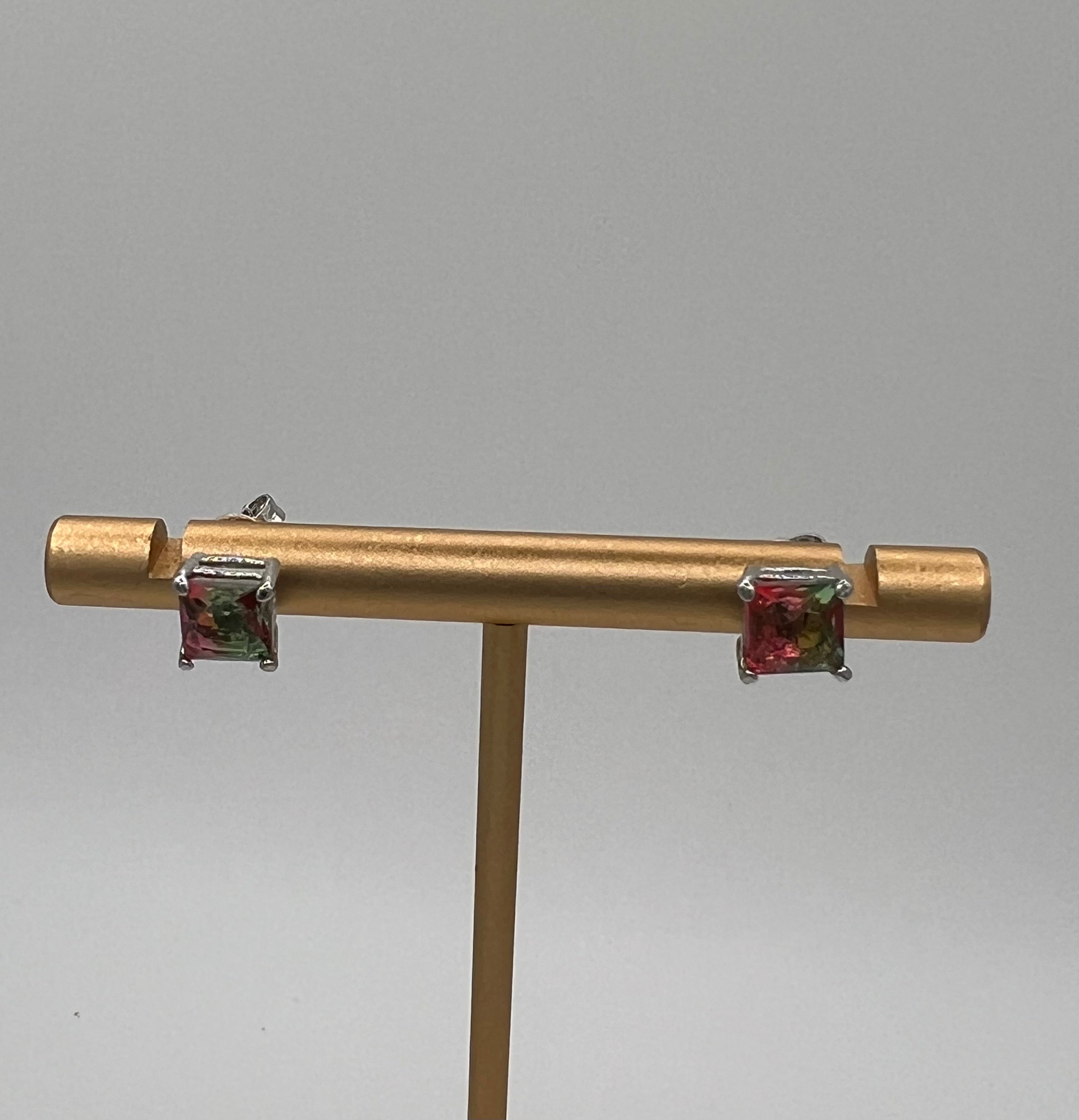 Sterling Silver Princess Cut Watermelon Tourmaline Earrings