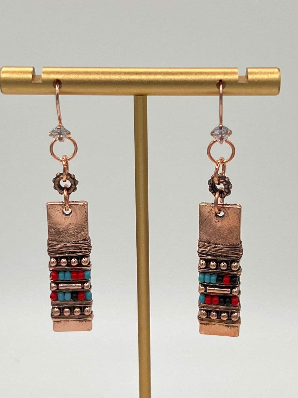 Copper Boho Dangle Earrings with Multi-color Bead Accents