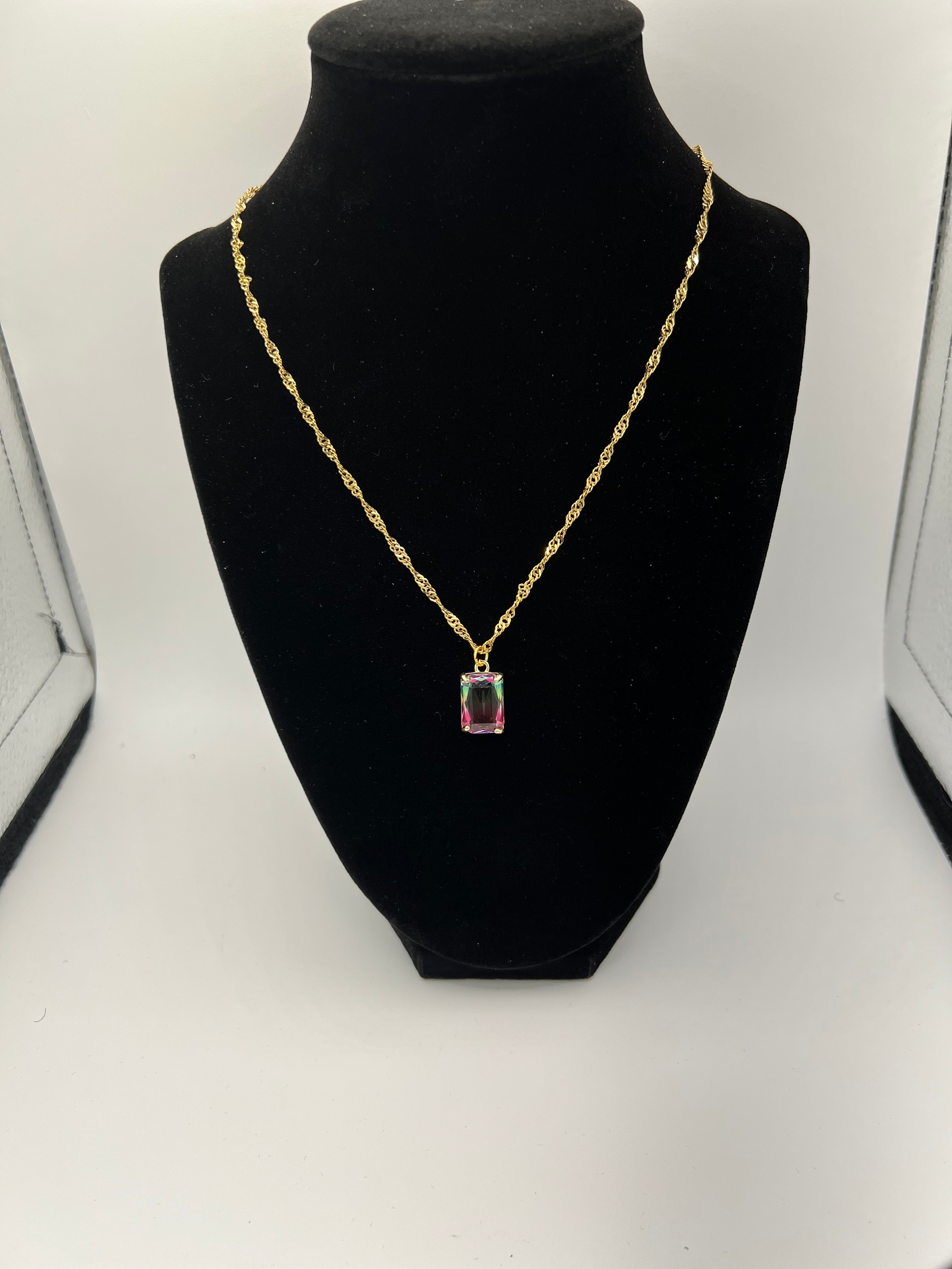 Emerald-Cut Mystic Rainbow Pendant Necklace