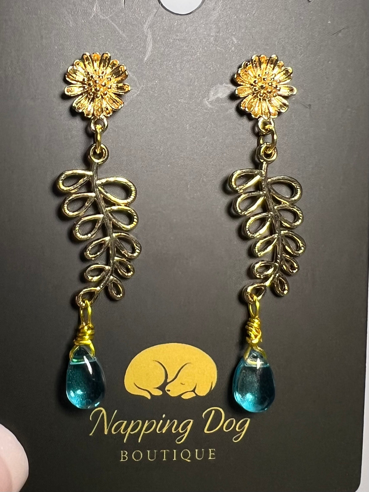 Gold-Tone Floral Leaf Dangle Earrings with Teal Glass Drops