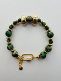 Green Stone & Gold Tone Bracelet with Gold Bead Accents