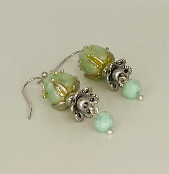 Green and Silver Tone Glass Tulip Earrings with Sterling Silver Ear Wires