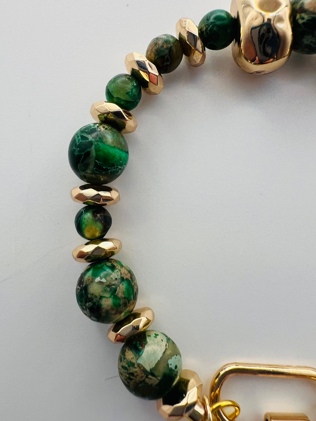 Green Stone & Gold Tone Bracelet with Gold Bead Accents