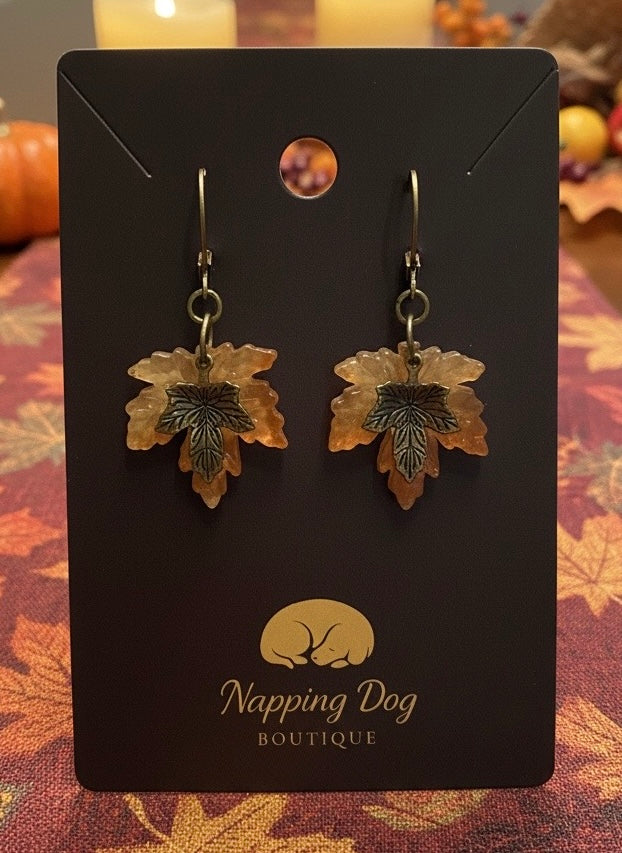 Glass Maple Leaf & Bronze Leaf Dangle Earrings – Fall Jewelry
