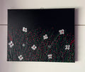 Textured Floral Field Acrylic Painting (11x14”) – Modern Black Canvas with Silver Blossoms & Red Accents
