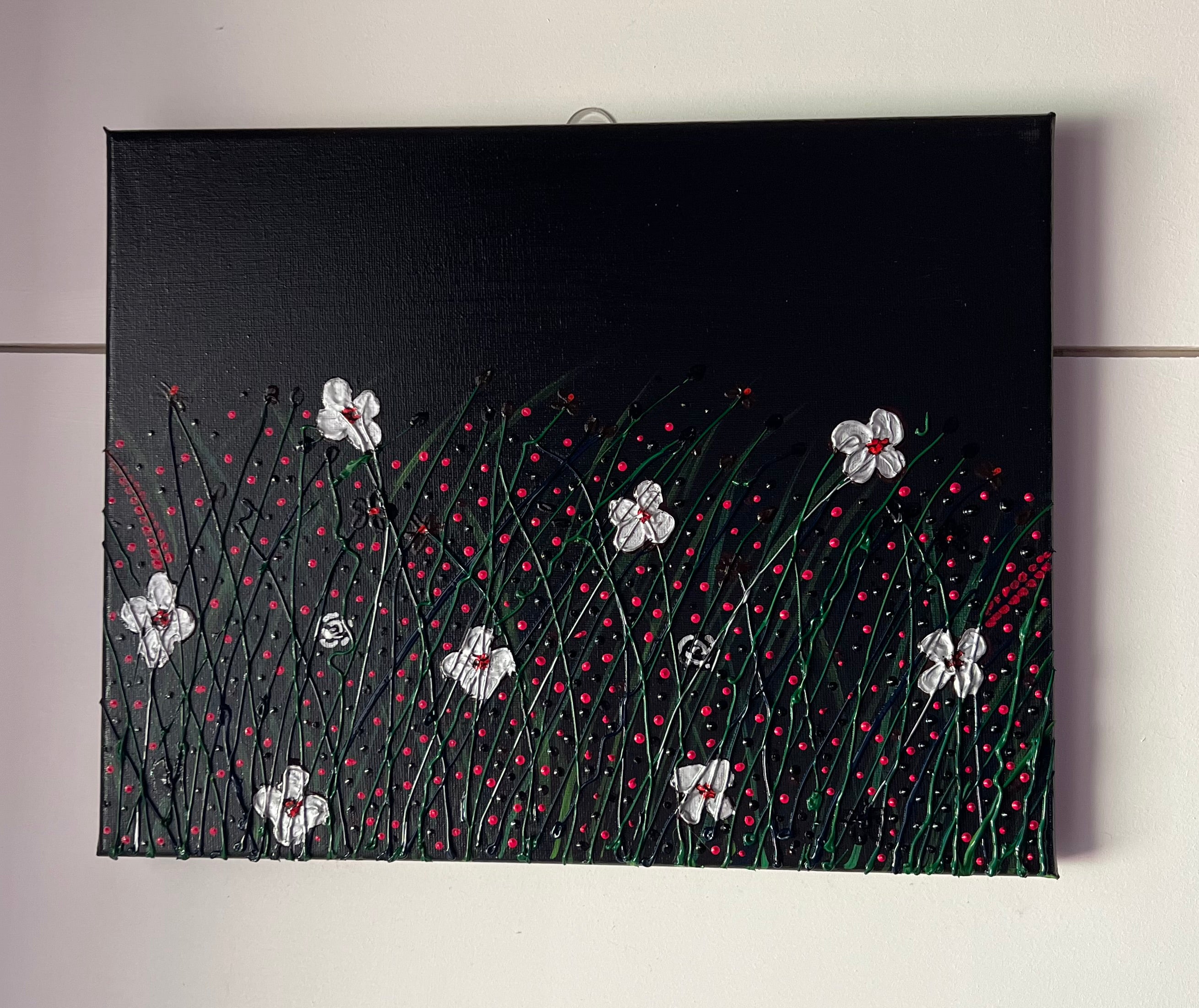 Textured Floral Field Acrylic Painting (11x14”) – Modern Black Canvas with Silver Blossoms & Red Accents
