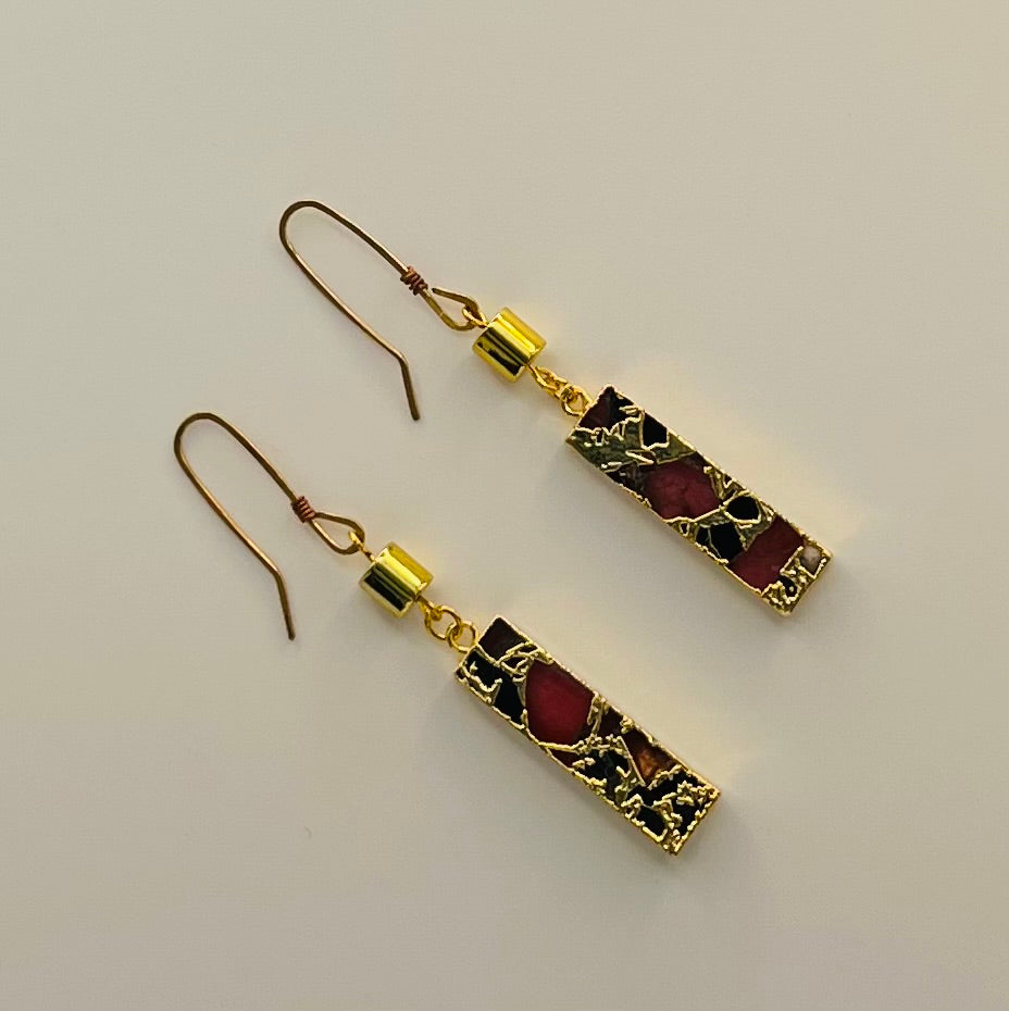 Red and Gold Tone Marble Dangle Earrings