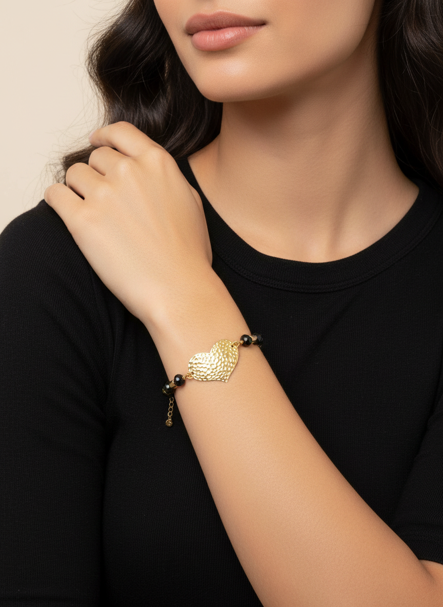 Gold Hammered Heart Bracelet with Black Beads