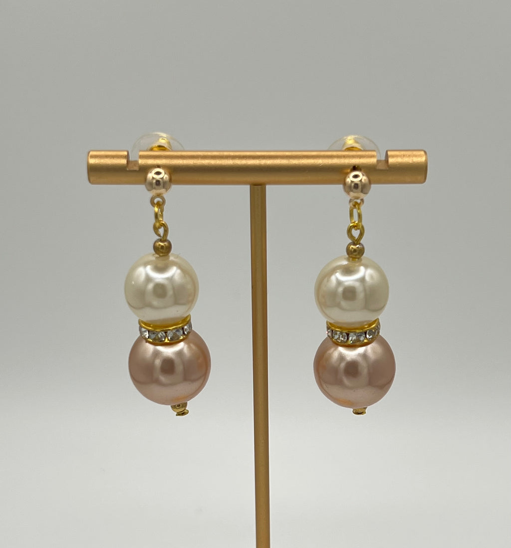 Gold Double Faux Pearl Dangle Earrings with Rhinestone Accent
