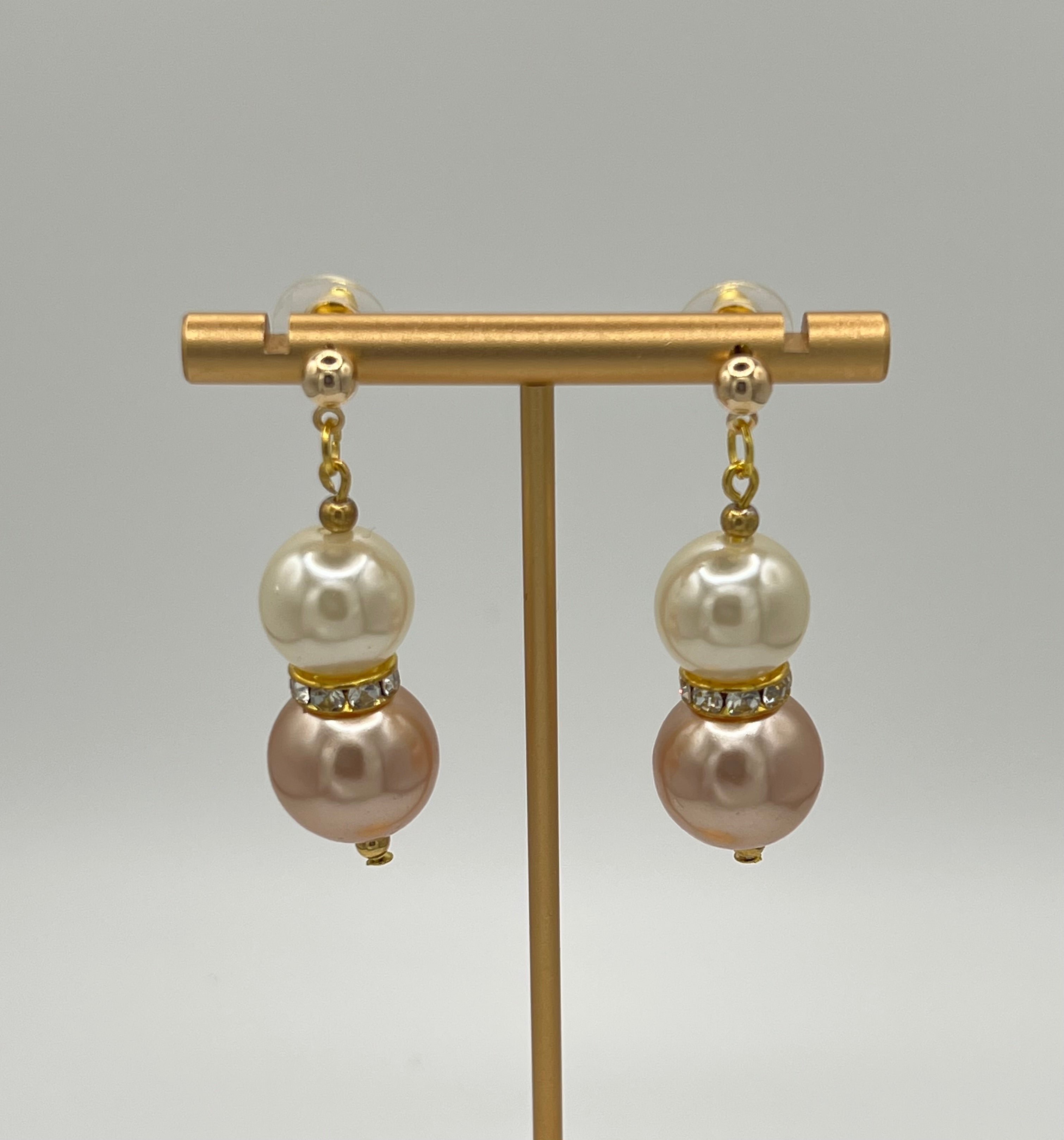 Gold Double Faux Pearl Dangle Earrings with Rhinestone Accent