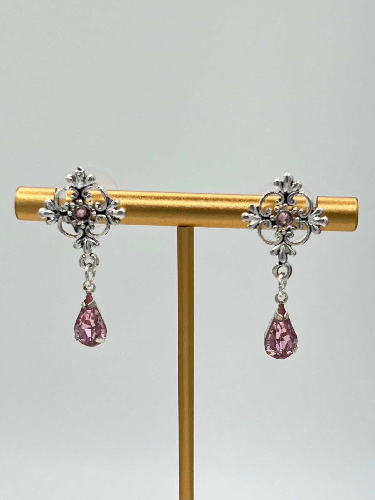 Silver Filigree Pink Crystal Drop Earrings