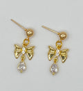 Gold Tone Bow Earrings with Dangle Crystals – Stainless Steel
