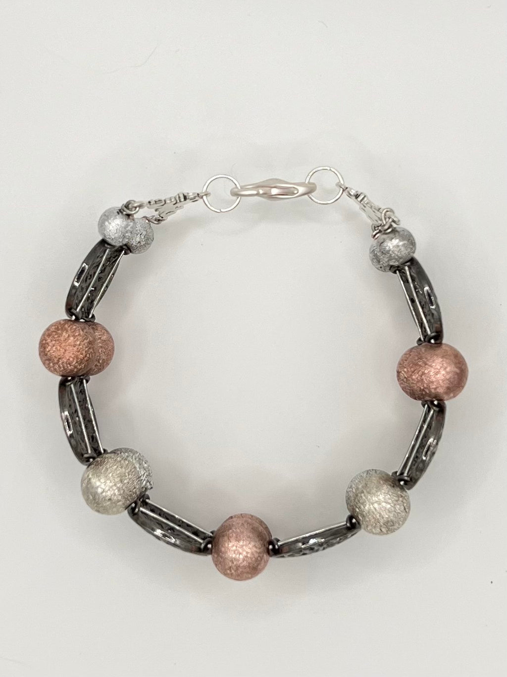 Pink & Silver Metallic Bead Bracelet with Gunmetal Filigree Accents – 8”