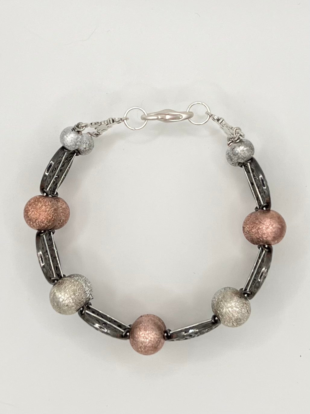 Pink & Silver Metallic Bead Bracelet with Gunmetal Filigree Accents – 8”