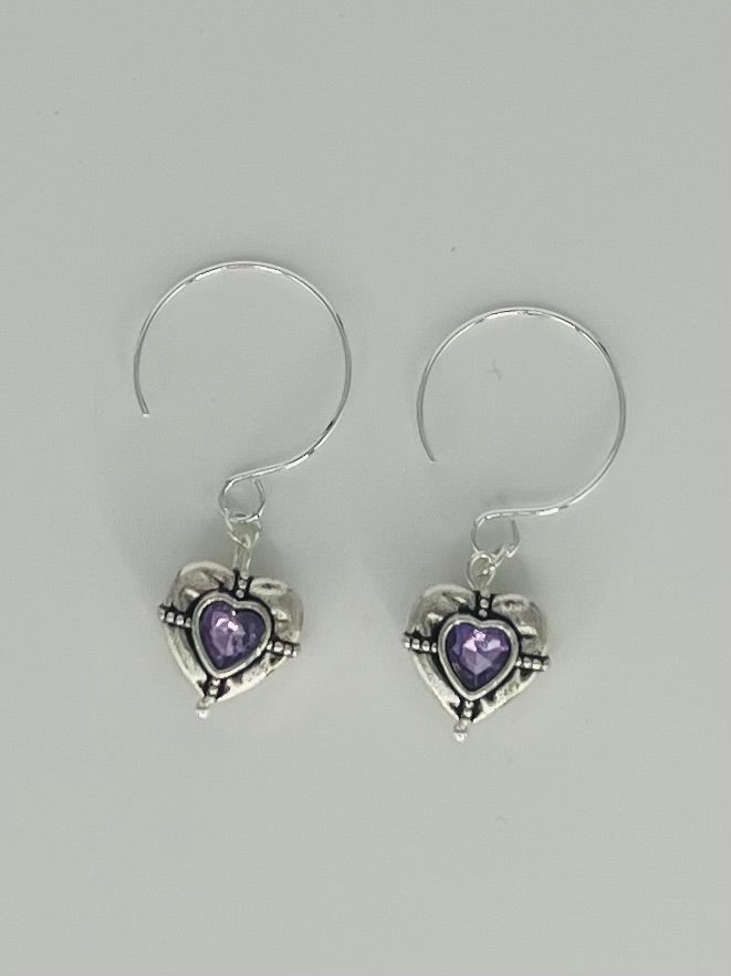 Silver Tone Heart Earrings - Choose from Amethyst or Crystal