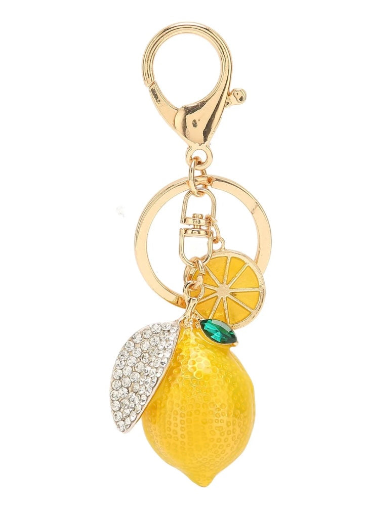 Rhinestone Lemon Keychain with Yellow Braided Strap