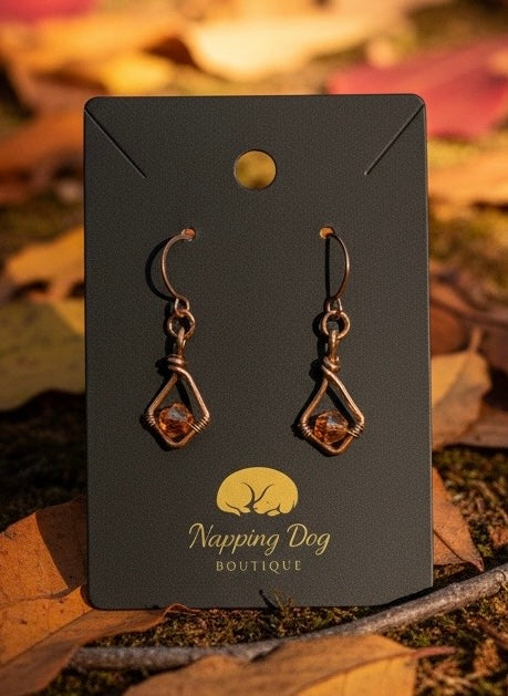 Hand-Wired Copper Geometric Dangle Earrings – Amber Bead Accent