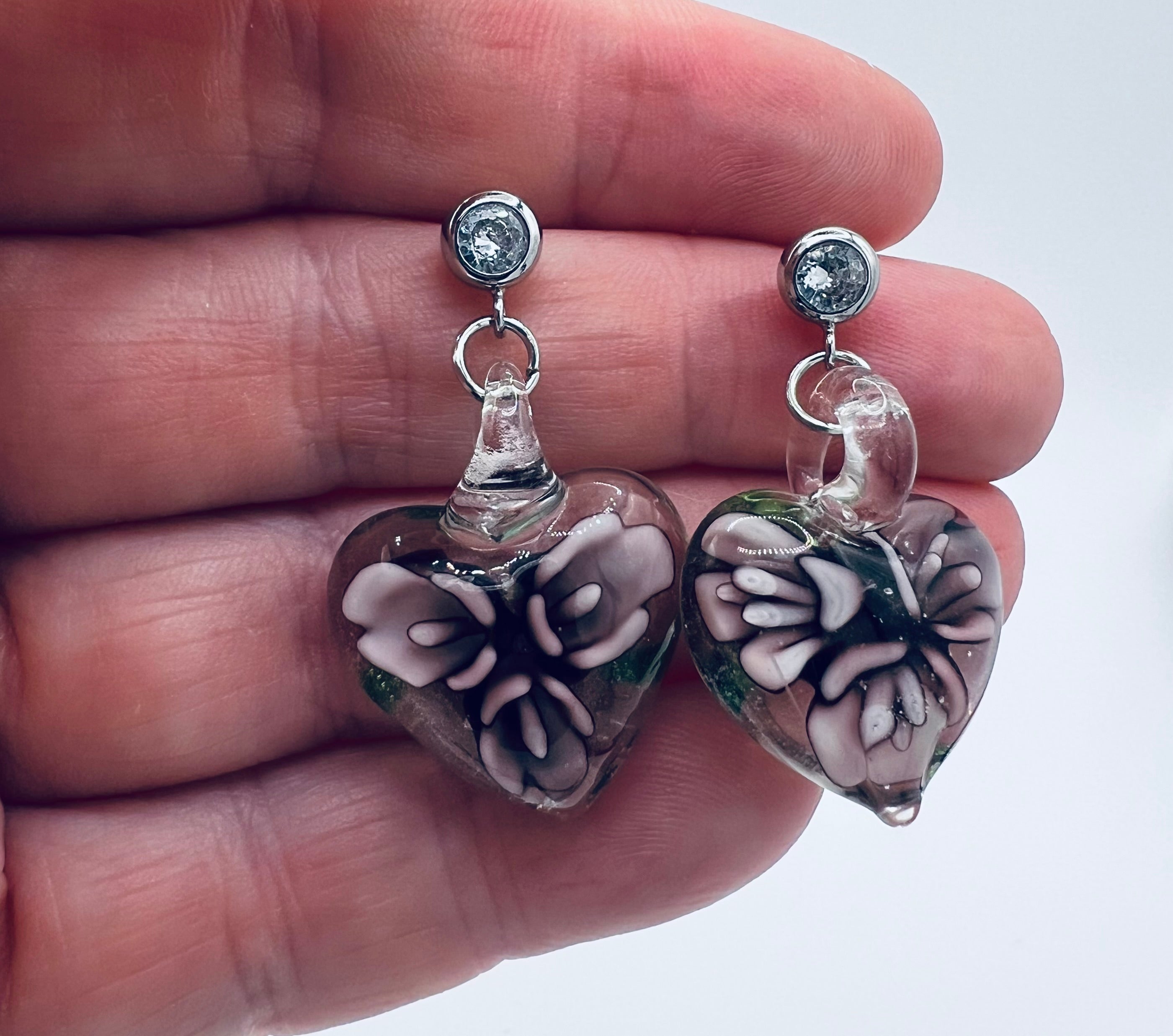 Purple Floral Murano Glass Dangle Earrings in Sterling Silver