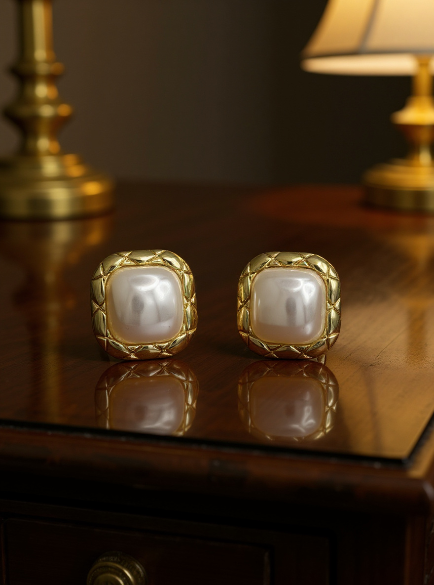 Gold Tone Faux Pearl Square Stud Earrings