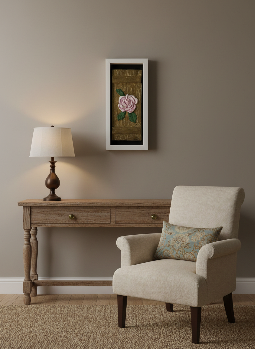 Textured Pink Rose Wall Art – Framed Rustic Floral Acrylic Painting
