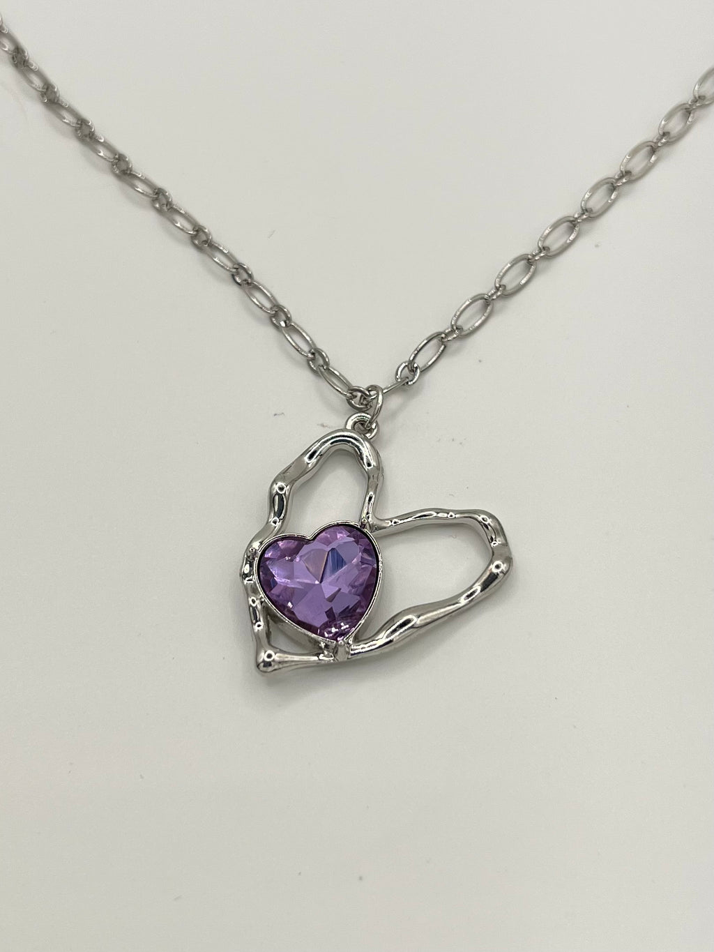 Stainless Steel Open Heart Necklace with Purple Crystal Pendant