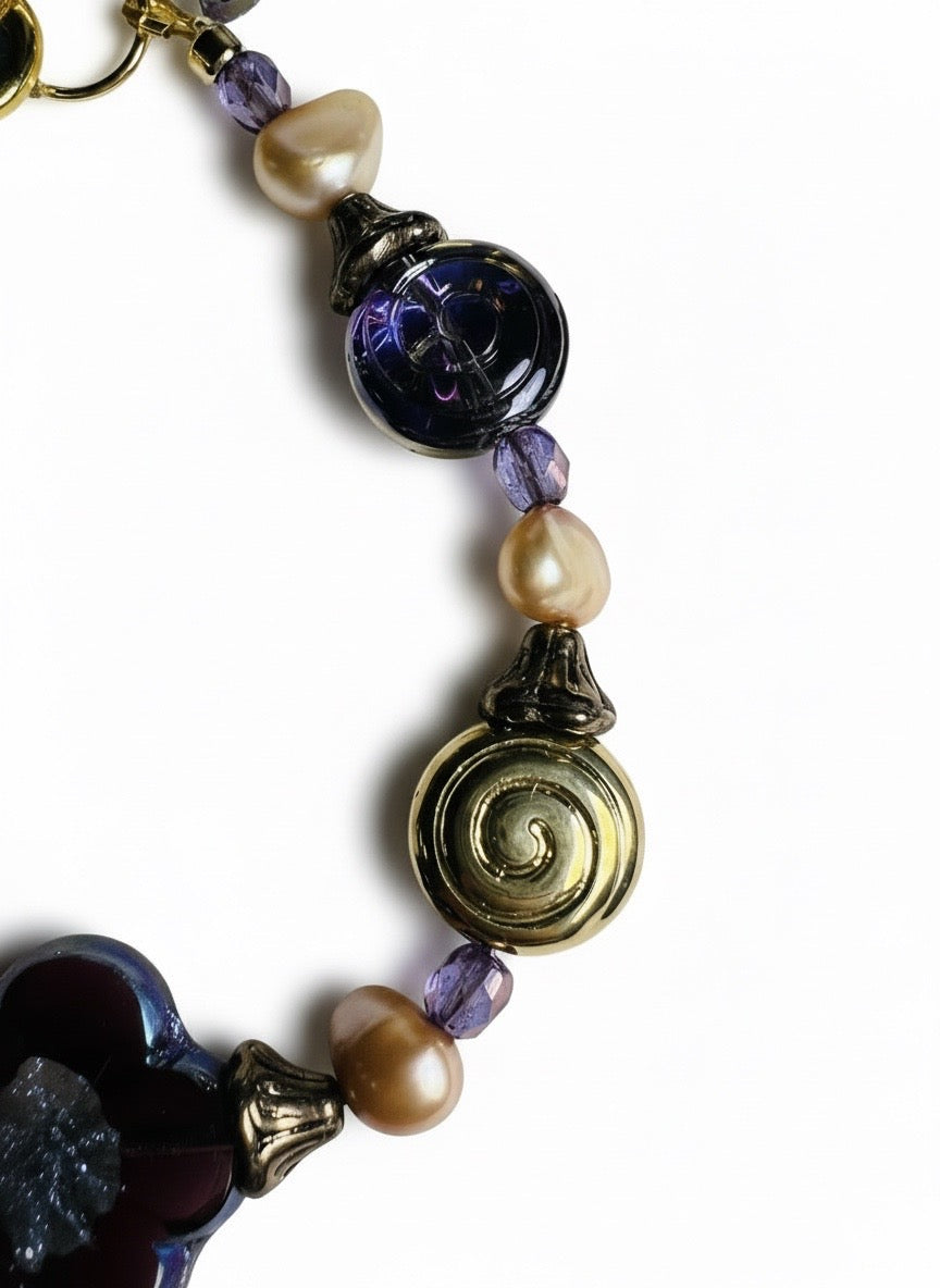 Purple Czech Glass & Peach Pearl Bracelet – Gold-Plated Floral Bracelet
