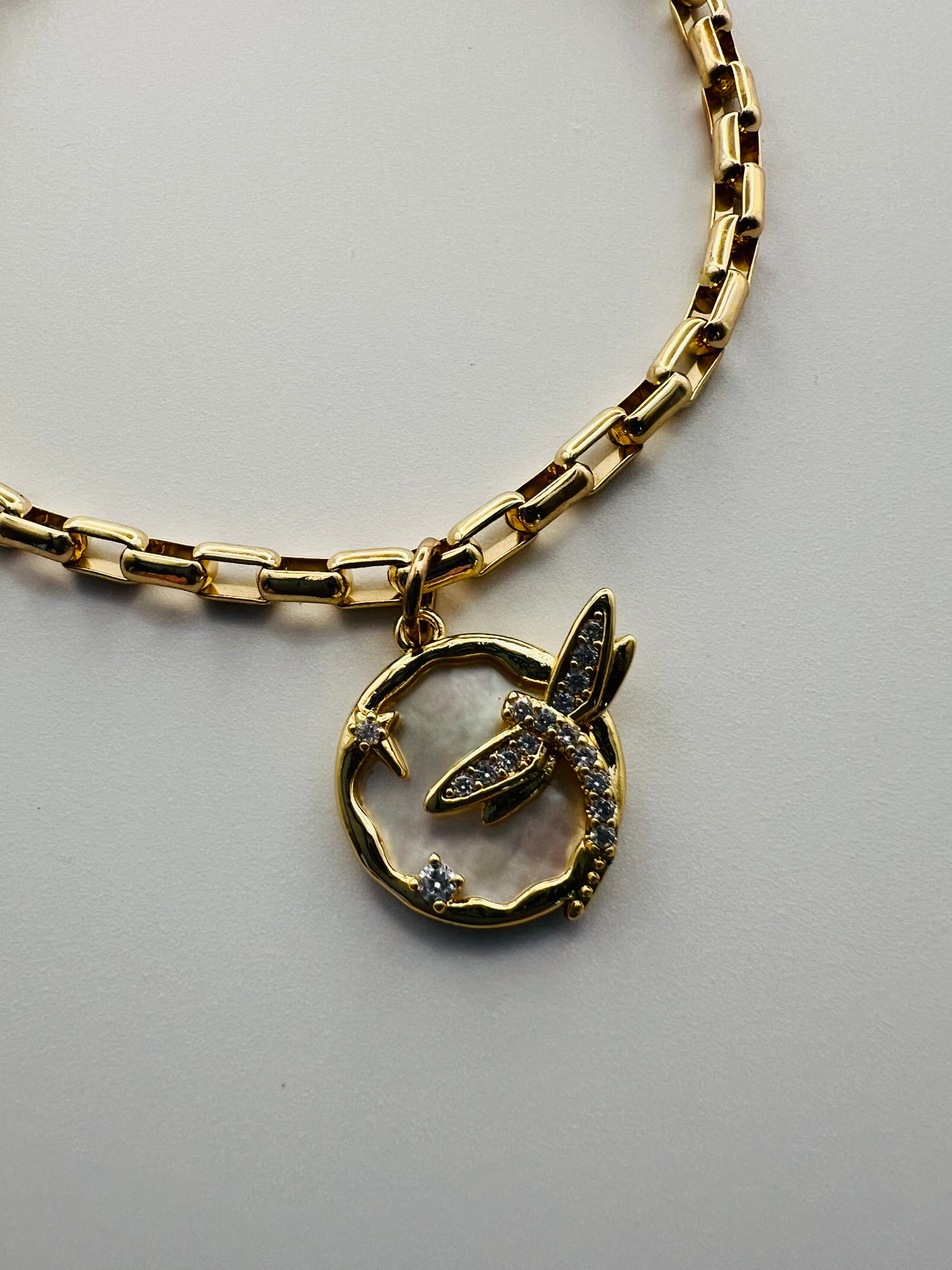 Gold Tone Bracelet with Opal Dragon Fly Charm