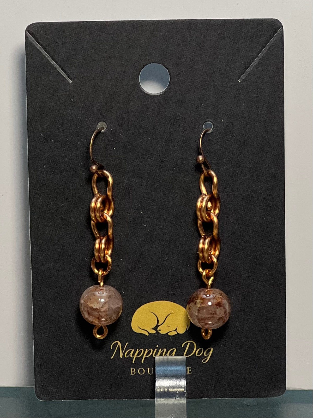 Hand-Wired Copper Chain Dangle Earrings with Brown Stone Beads