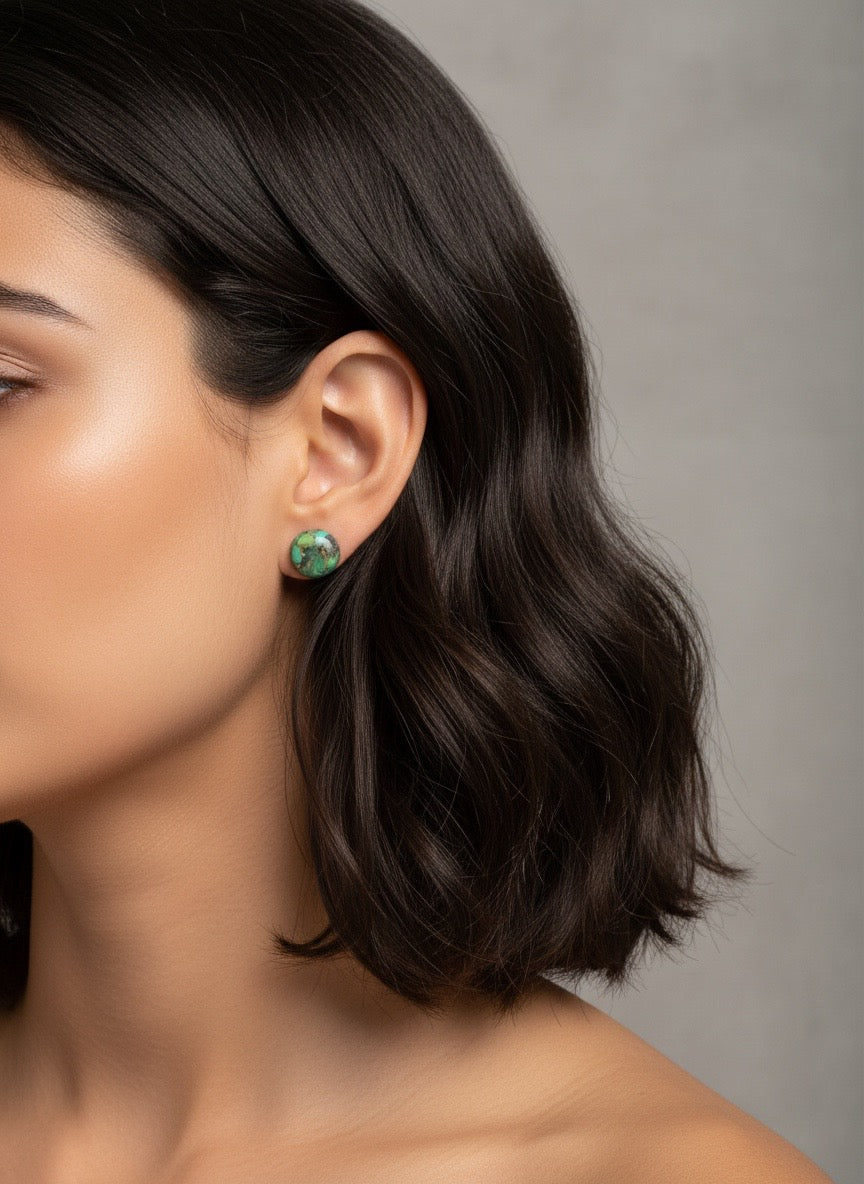 Green Mosaic Stone Stud Earrings – Gold Tone