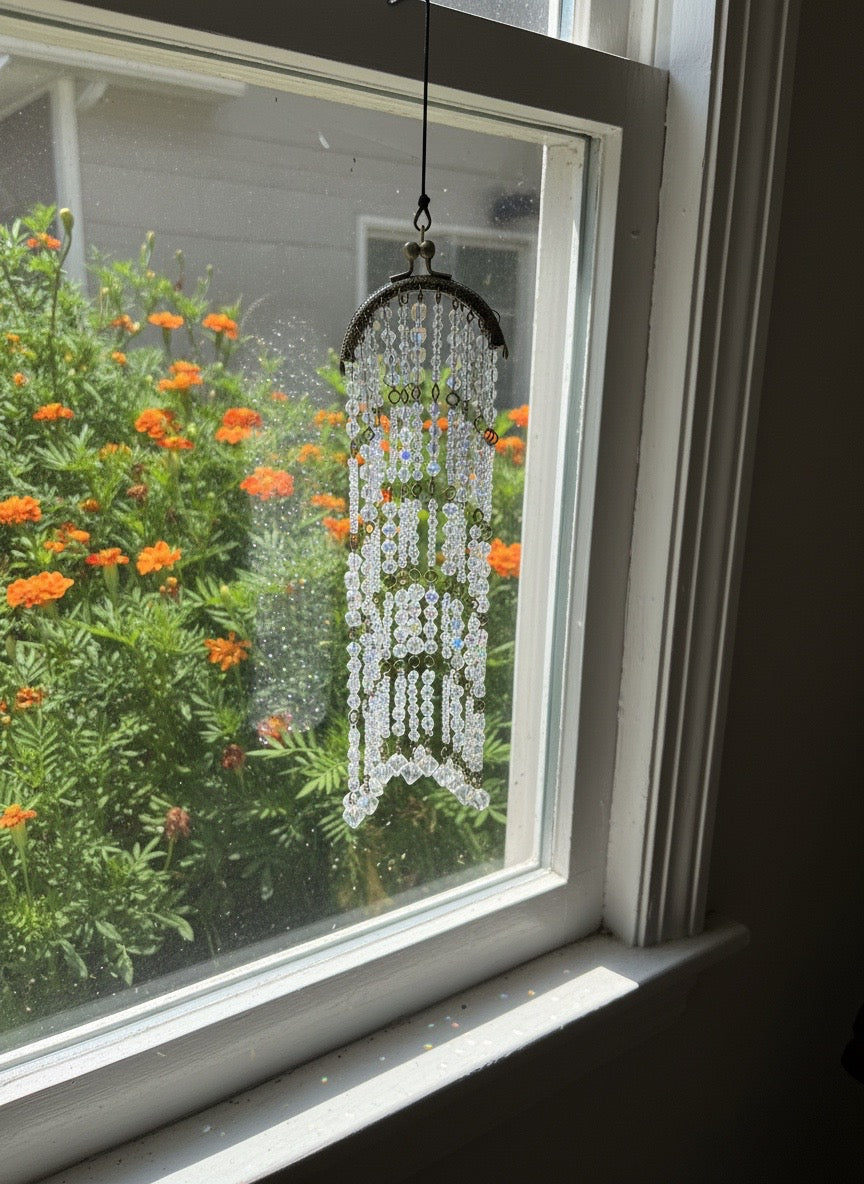 Handcrafted Bronze Glass Bead Suncatcher with Rhinestone Kiss Lock