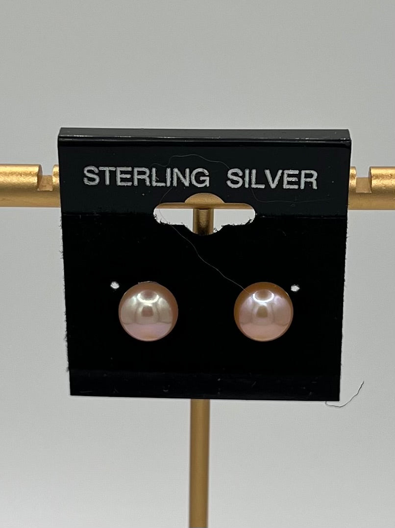 Pink Freshwater Pearl Stud Earrings in Rose Gold over Sterling Silver