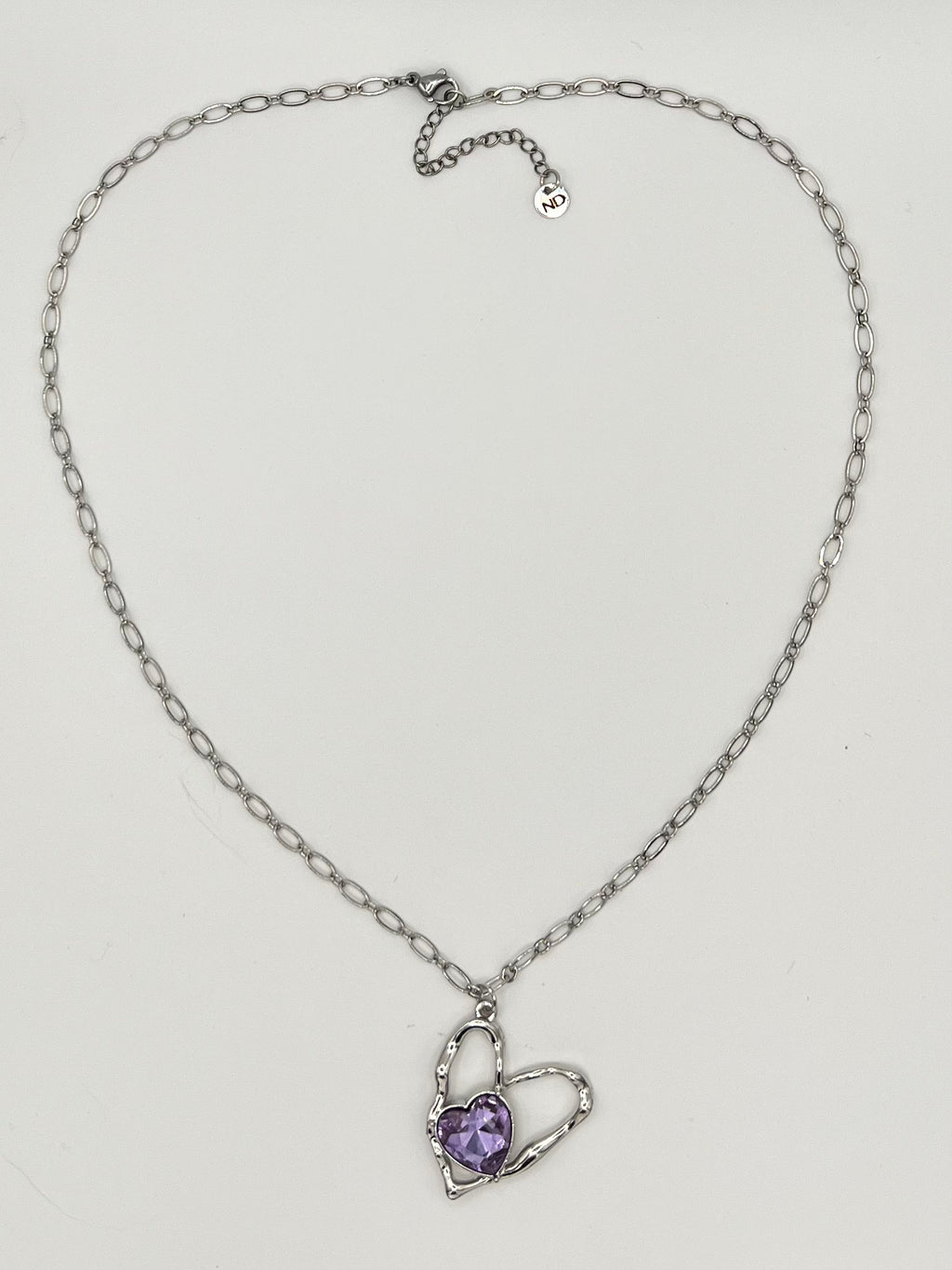 Stainless Steel Open Heart Necklace with Purple Crystal Pendant