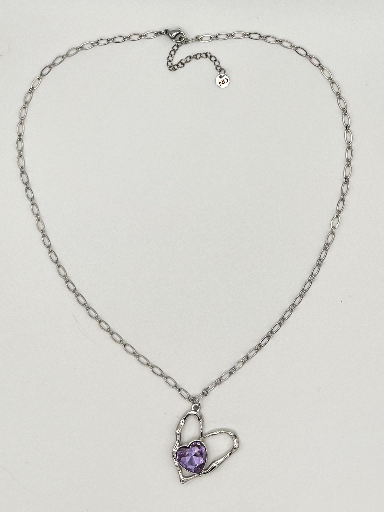 Stainless Steel Open Heart Necklace with Purple Crystal Pendant