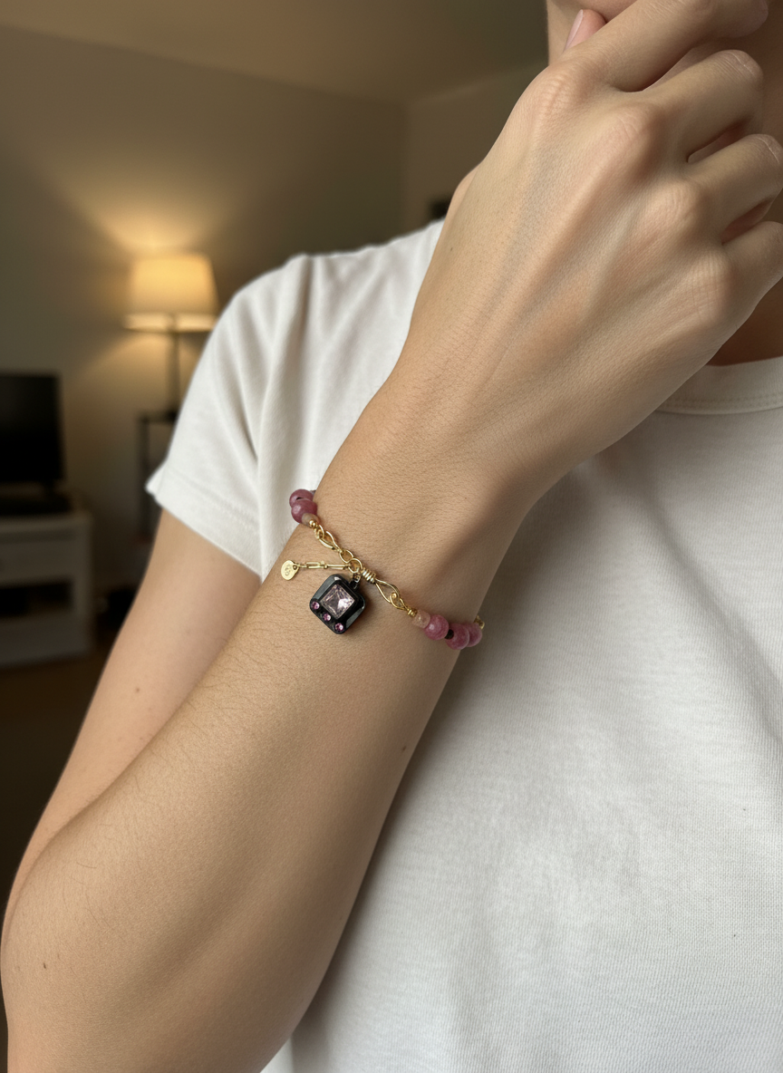 Faceted Rhodonite & Burgundy Crystal Lined Pearl & Sunstone Charm Bracelet
