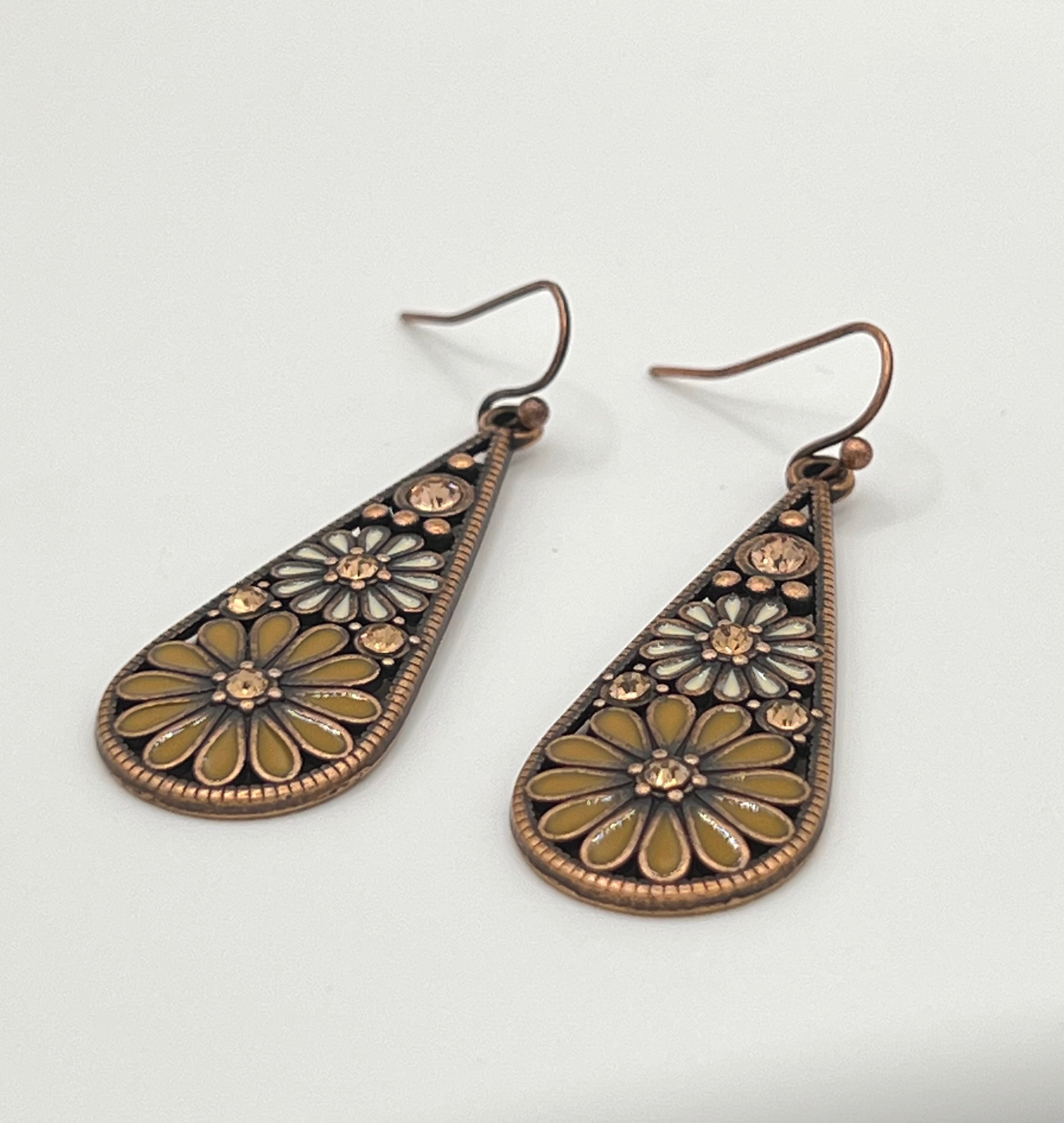 Copper Dangle Earrings with Multi-Colored Stones & Daisy Accents