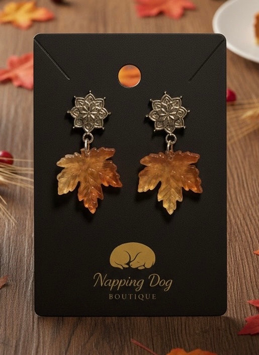Glass Maple Leaf Dangle Earrings – Gold-Tone Floral Post Earrings