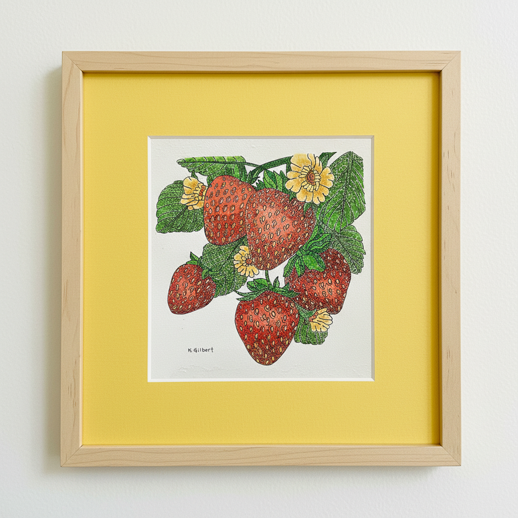 Strawberry Botanical Dot Painting – Original Watercolor (12x12)