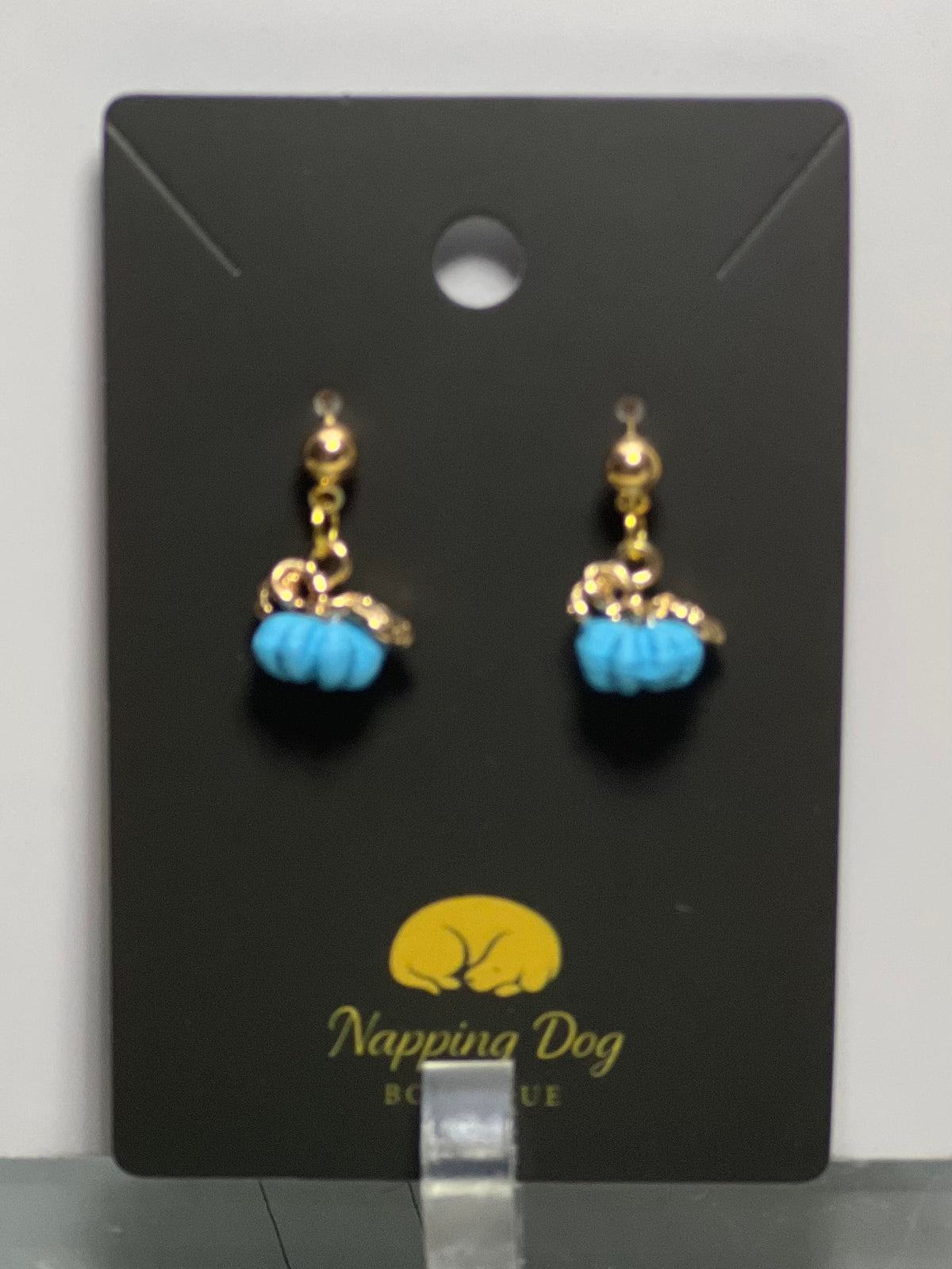 Blue Ceramic Pumpkin Post Earrings – Gold-Tone Fall Dangle Earrings