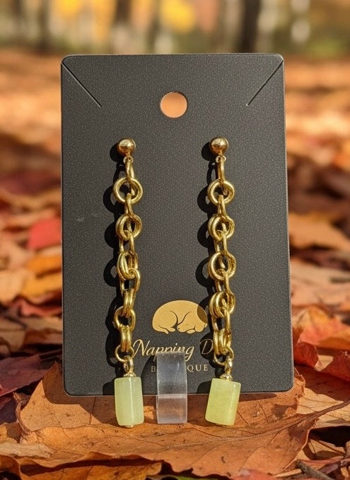 Hand-Wired Gold-Tone Chain Dangle Earrings with Pale Green Stone Drops