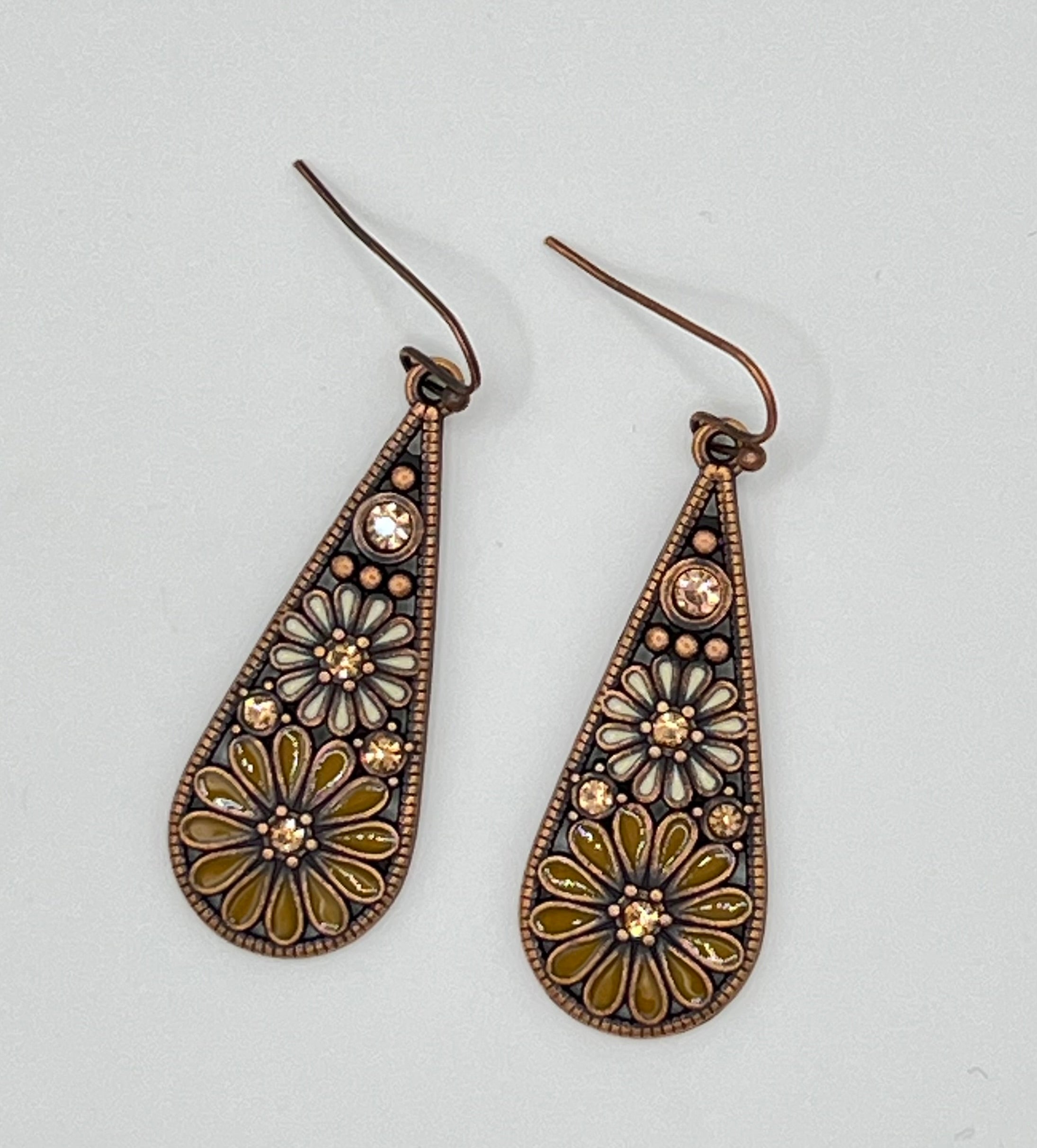 Copper Dangle Earrings with Multi-Colored Stones & Daisy Accents