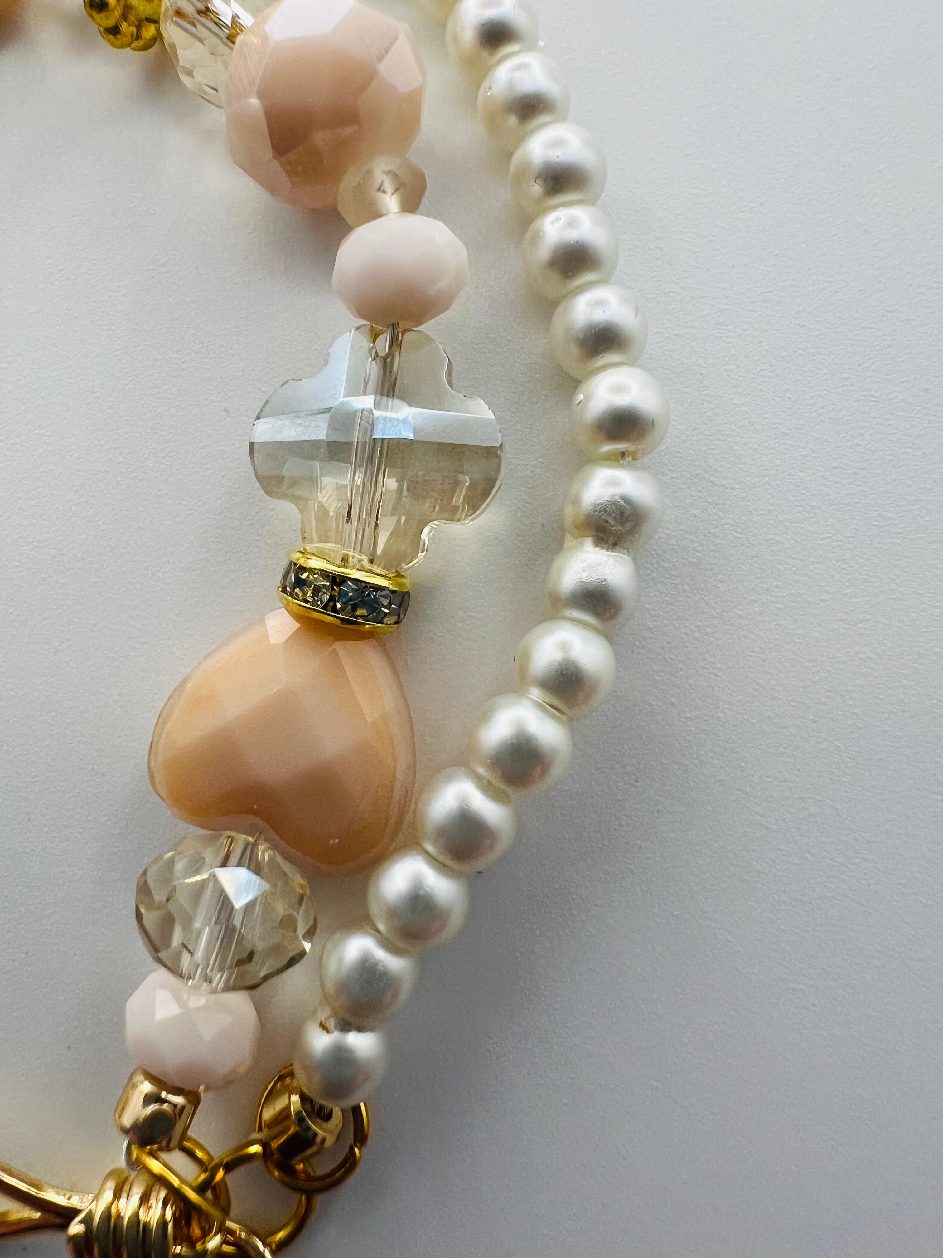 Two-Strand Faux Pearl & Pink Crystal Bracelet