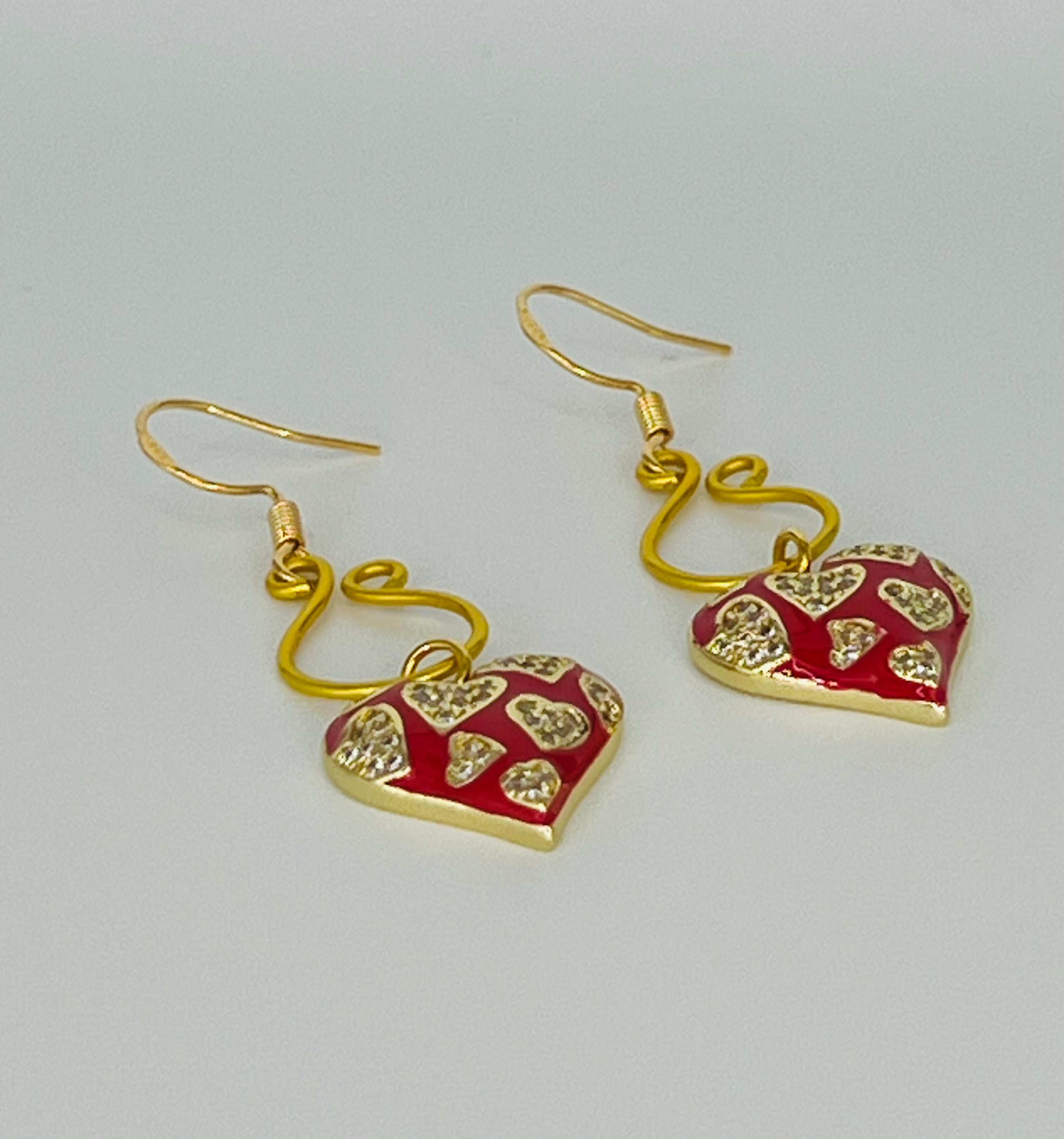 Hand-Shaped Gold Tone Dangle Earrings with Red and Gold Hearts