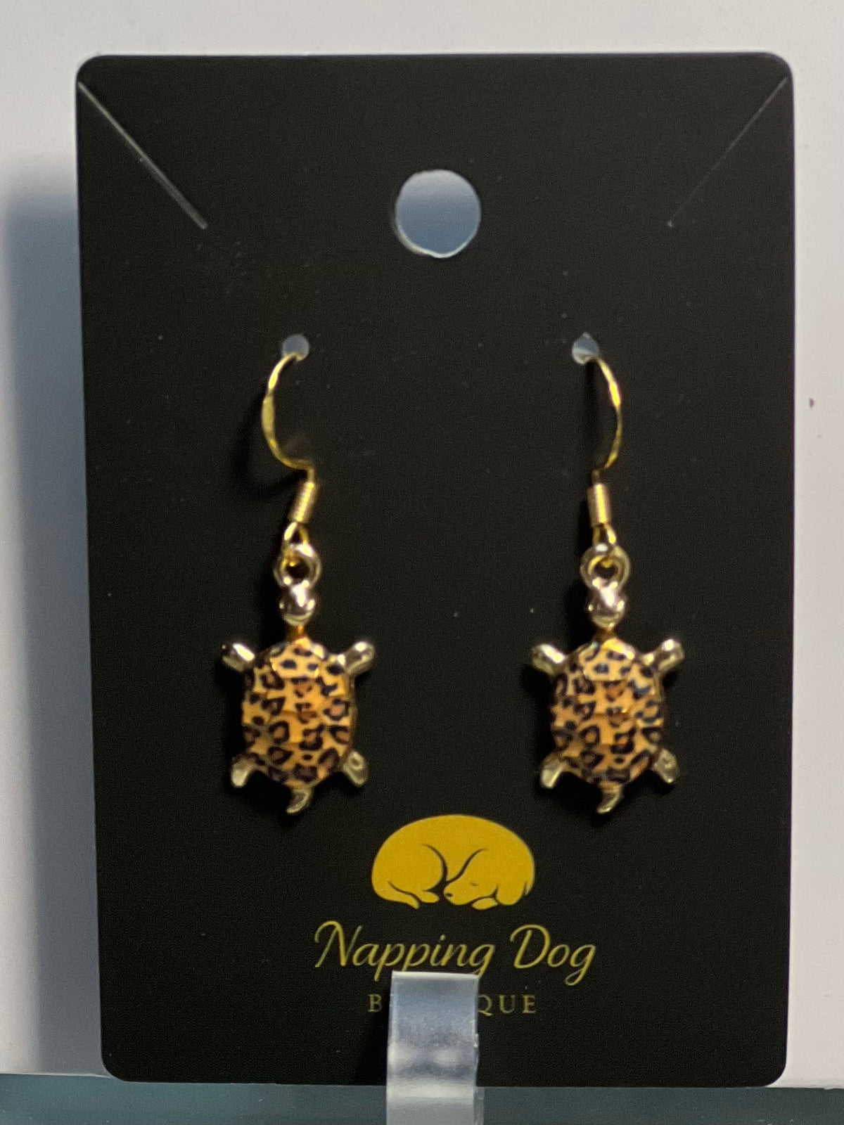 Leopard Print Turtle Dangle Earrings – Gold-Tone Animal Print Earrings