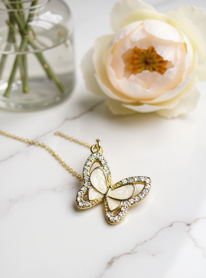 Gold Filled Non-Tarnish Necklace with Gold and Opal Butterfly Charm