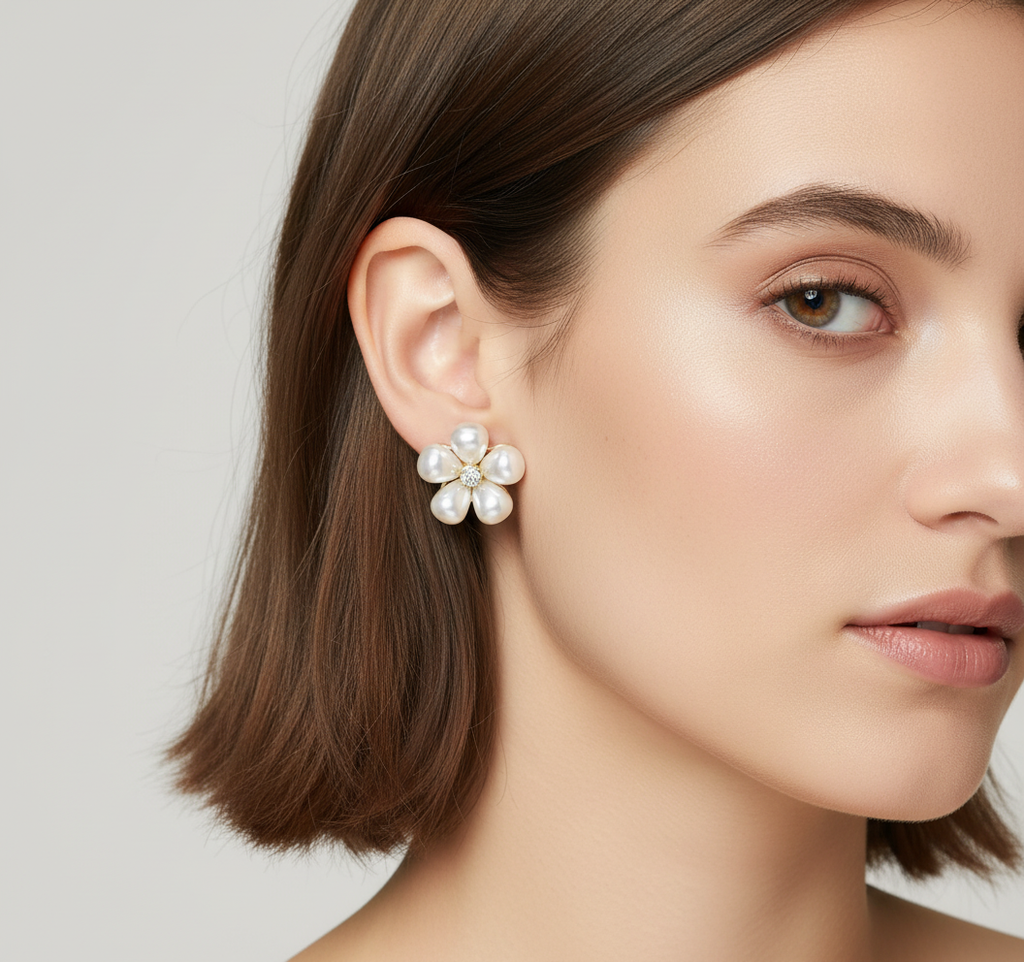 Gold Tone Faux Pearl Flower Stud Earrings with Rhinestone Center