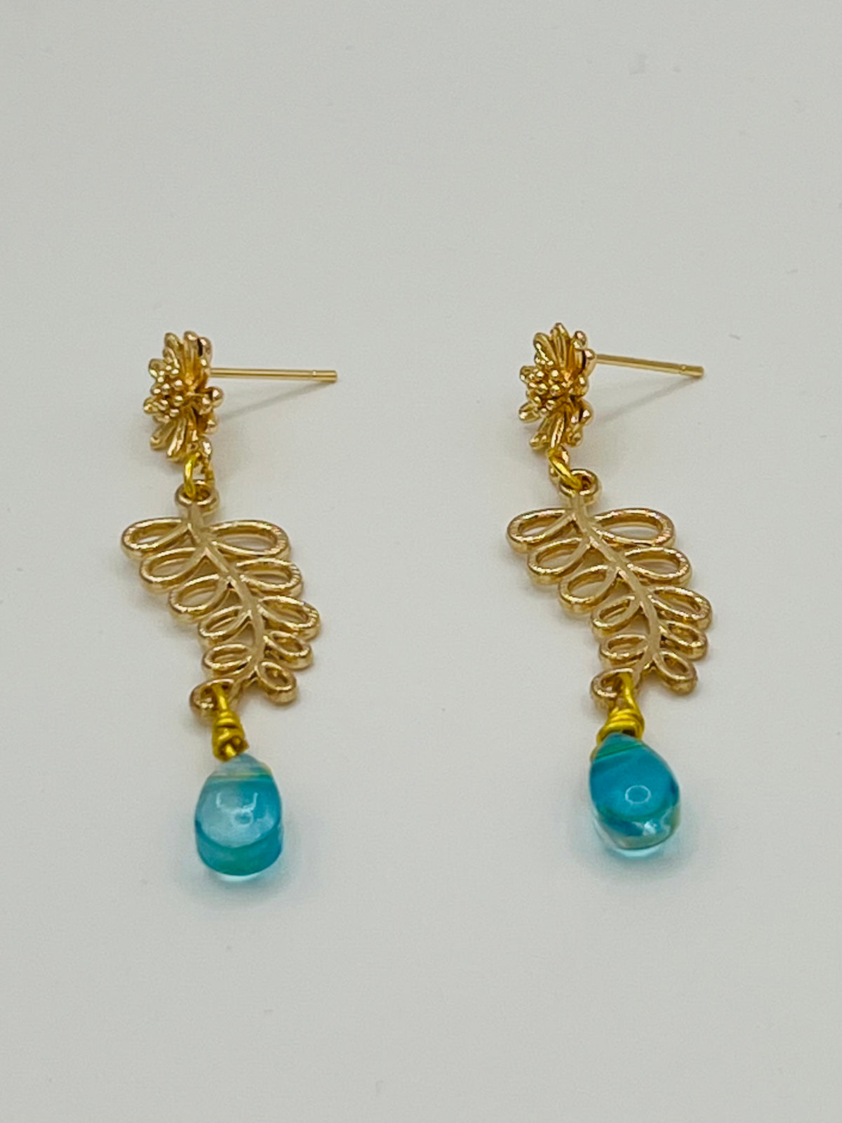 Gold Botanical Dangle Earrings with Aqua Blue Drops
